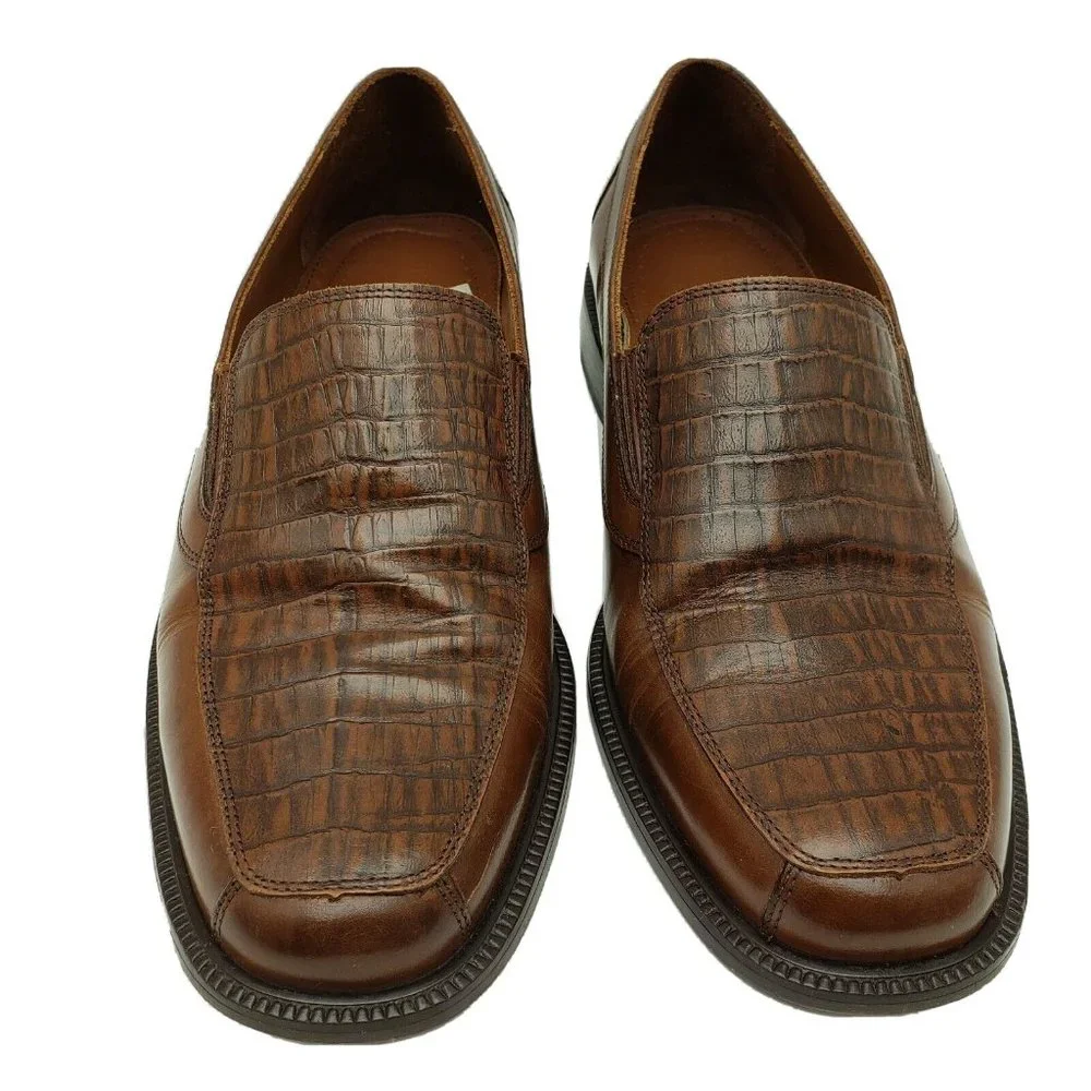 Stafford‎ Dress Shoes Mens 9.5M Brown Leather Croc Accent Slip On Loafer Casual
